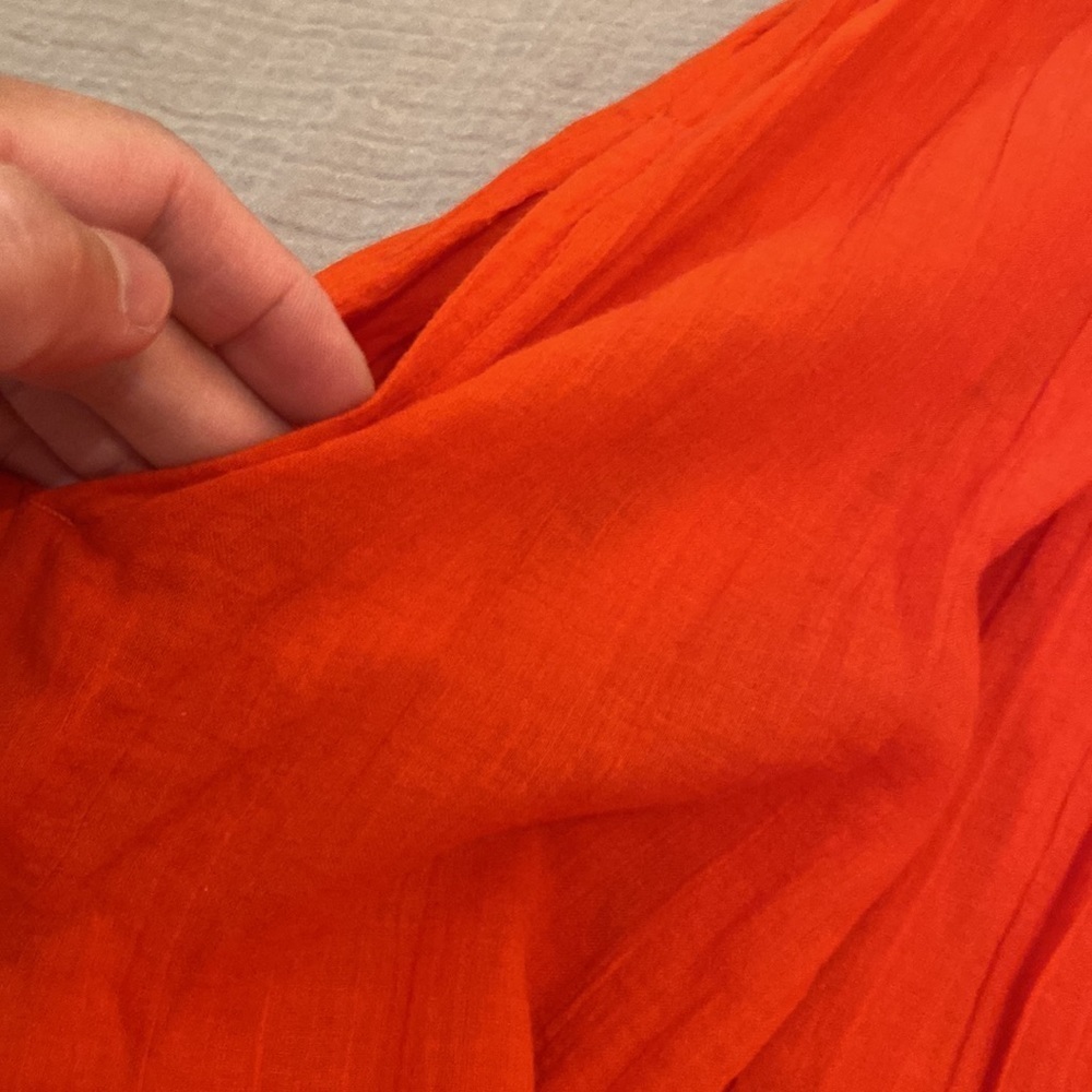 Free People Bright Orange/Red Puff Sleeve Mini Dress shorts underneath - Picture 6 of 11